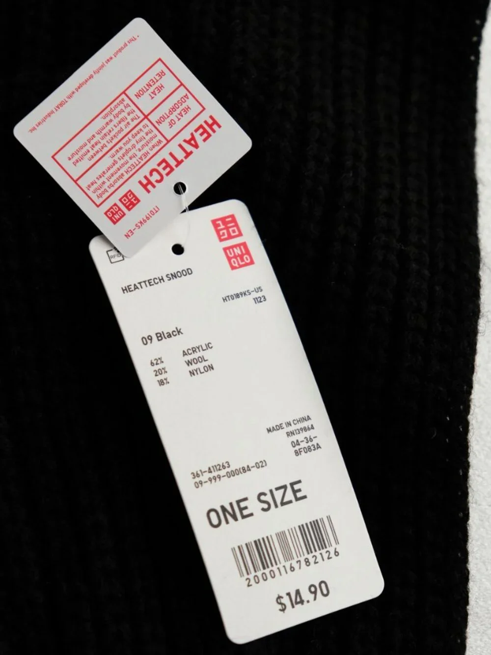 NWT Uniqlo Heattech Snood / Infinity Scarf, 411263, Black, OS, Unisex